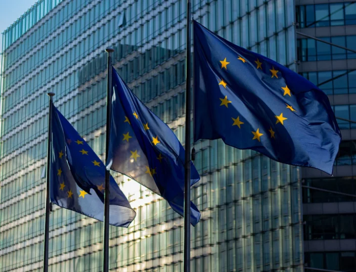 Σημαίες της Ευρωπαϊκής Ένωσης έξω από θεσμικό κτήριο